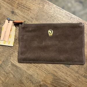 Boulevard Brown Suede Clutch with Gold Skull Accent